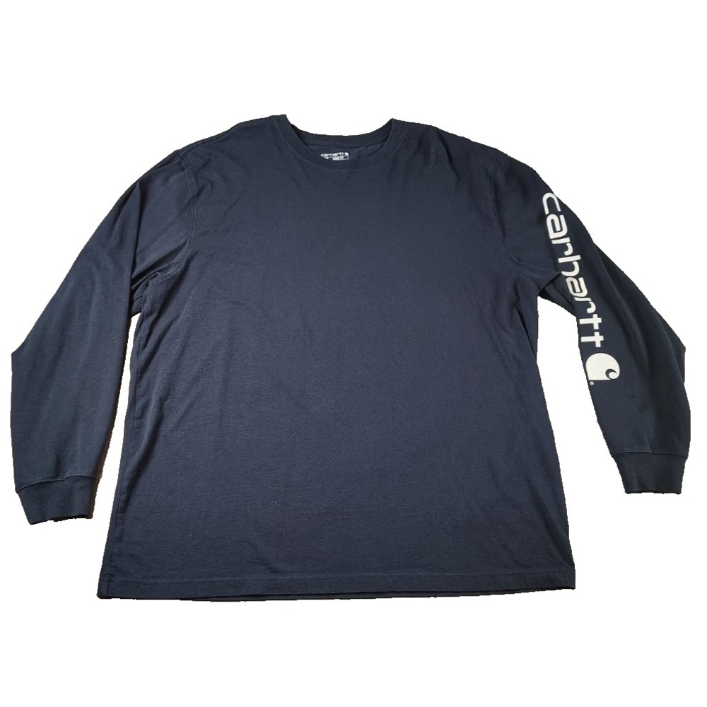 Carhartt XL Loose Fit Blue Distressed Shirt Top Spell Out Long Sleeve *Stain